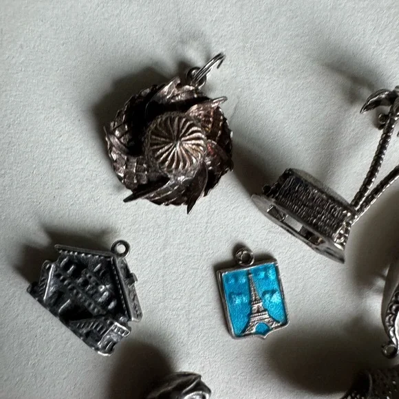 9pc Sterling Silver and silver tone travel charm collection bundle